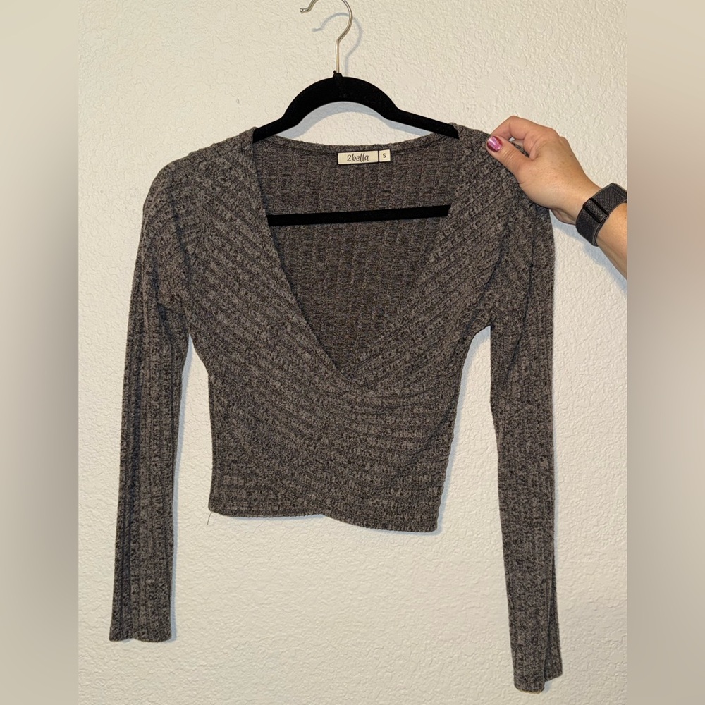 2BELLA LONG SLEEVE CROPPED TOP GRAY